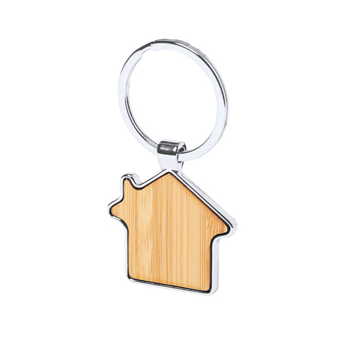 Schlüsselanhänger in Form eines Hauses aus der Liene "Natur", in einer Kombination aus Metallmaterialien mit Hochglanz-Finish und Bambus - Cutum Personalisiert