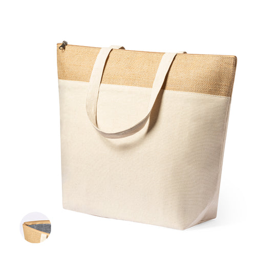 Thermobeutel aus widerstandsfähiger Baumwolle von 225 g/m², mit laminiertem Jute-Oberdeck und Baumwollhenkeln - Linax Personalisiert
