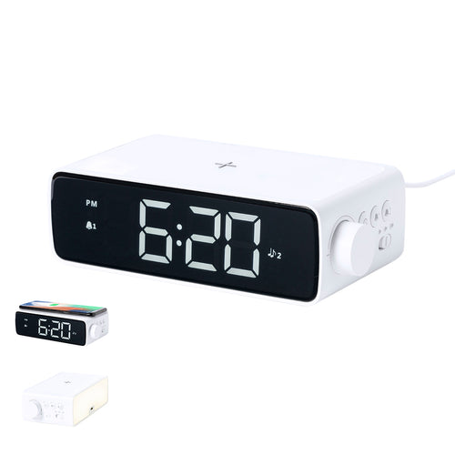 Multifunktionsuhr im eleganten weißen Design mit integriertem 10W Wireless Charger und integrierter LED-Lampe - Fabirt Personalisiert