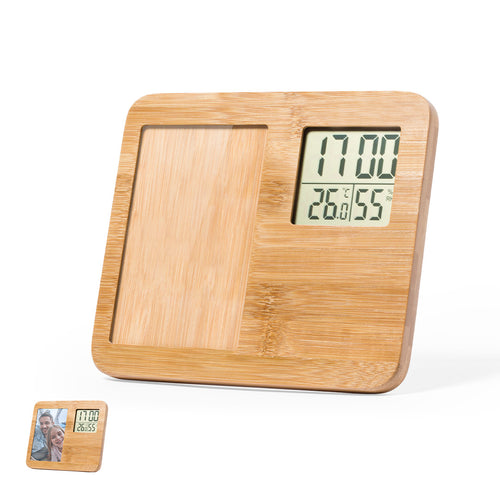 Fotorahmen aus poliertem Bambus, mit integrierter Wetterstation und den Funktionen Thermometer, Hygrometer und Uhr - Krent Personalisiert