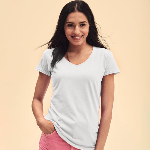 Weißes Damen-T-Shirt Iconic V-Neck von Fruit Of The Loom Personalisiert