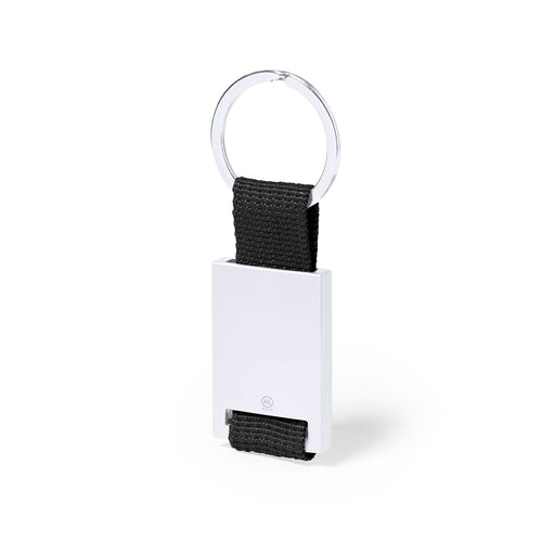 Schlüsselanhänger mit Gehäuse aus recyceltem Aluminium mit silberner Oberfläche und farbigem Band - Lofly Personalisiert