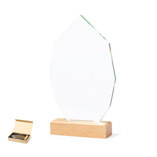 Gedenktafel aus dickem und widerstandsfähigem Glas mit einer Basis aus Naturholz - Pulman Personalisiert