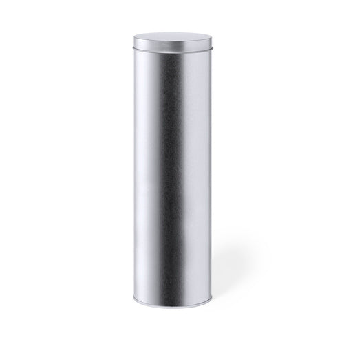 Zylindrische Präsentationsbox aus robustem, silberfarbenem Metall mit passendem Deckel - Kannus Personalisiert