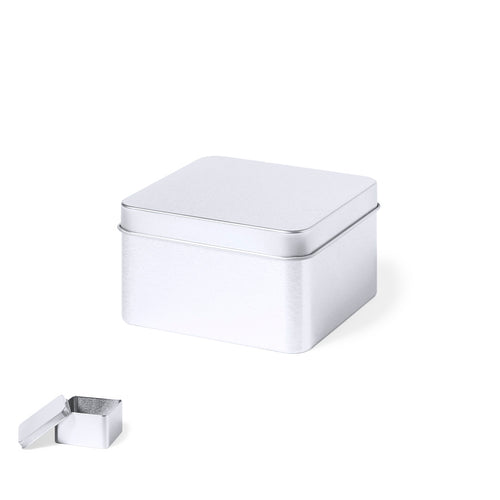 Quadratische Präsentationsbox aus robustem, silberfarbenem Metall mit passendem Deckel - Topak Personalisiert