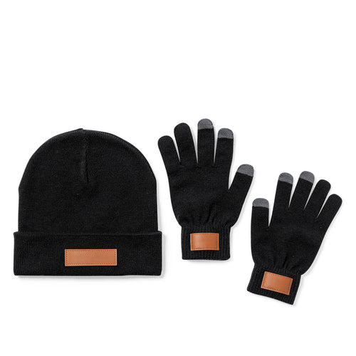Set aus Mütze und Handschuhen in Erwachsenengröße, aus elastischem Acrylmaterial und mit einem aufgenähten PU-Patch zum Branding - Prasan Personalisiert