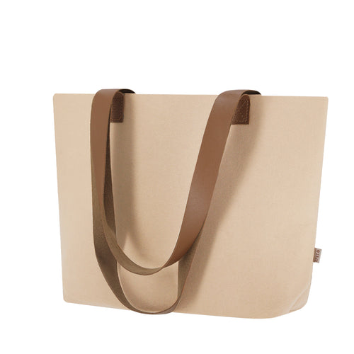 Natur Linie Tasche aus RPET-Filz, mit langen, verstärkten Griffen (70 x 3 cm) aus braunem PU-Leder - Kompul Personalisiert