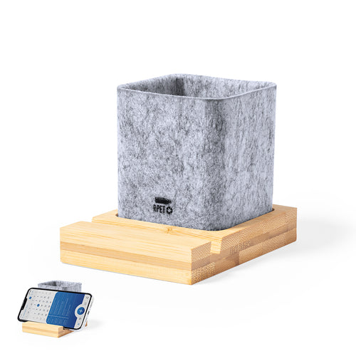 Linie Natur Stifthalter aus RPET-Filz, mit Smartphone-Halter aus Bambus - Firdex Personalisiert