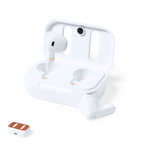 Cuffie Shizar RCS Personalizzato - Cuffie in-ear Bluetooth®, realizzate in RABS in un elegante colore bianco, con il coperchio della base di ricarica rivestito in pelle riciclata