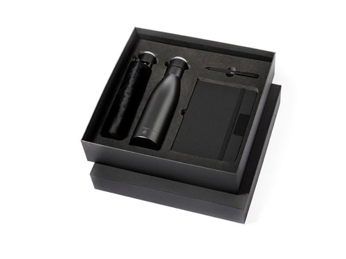 Elegantes Premium-Set, bestehend aus: Doppellagige Thermoskanne aus recyceltem Edelstahl mit mattschwarzem Finish und 500 ml Fassungsvermögen, mit stabilem, matt-silberfarbenem Metallgriff - Gregory Personalisiert