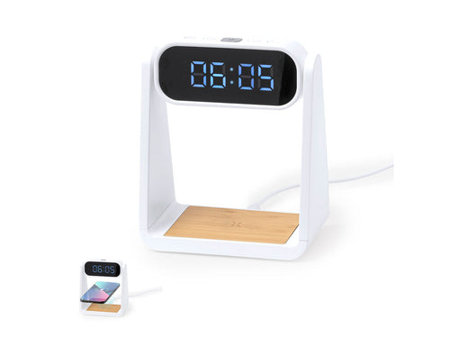 Multifunktionale Uhr mit beleuchtetem Display, Lampenfunktion und integriertem kabellosen 10W-Ladegerät - Darret Personalisiert