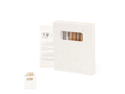Set aus 6 Stiften mit Malschablonen und Anspitzer, präsentiert in einer natürlichen Kartonschachtel mit Samen - Elaris Personalisiert