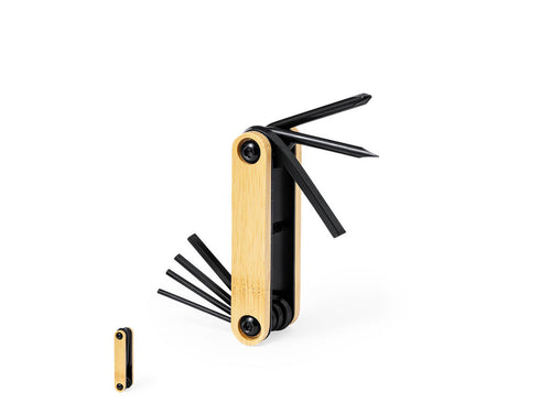 Praktisches Multitool aus widerstandsfähigem Kohlenstoffstahl mit schwarzer Oberfläche, mit Bambusgehäuse und 7 Funktionen: Inbusschlüssel, Flach- und Kreuzschlitzschraubendreher Materialien wie Bambus fördern die...