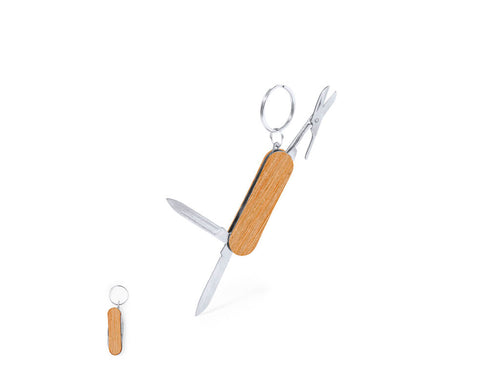 Praktischer Multitool-Schlüsselanhänger mit Zubehör aus widerstandsfähigem Edelstahl und Gehäuse aus Naturholz - Famke Personalisiert