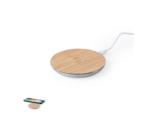 Kabelloses Ladegerät 15W mit kreisförmigem Design, Gehäuse aus recyceltem Aluminium und Ladestation aus Bambus - Sutmy Personalisiert