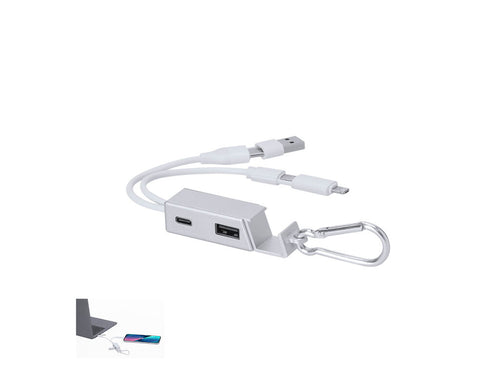 USB-Ladegerät mit Hub aus recyceltem Aluminium mit integriertem Smartphone-Halter - Leony Personalisiert