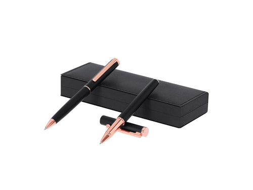 Unverwechselbares Kugelschreiber- und Rollerball-Set, beide mit eleganten mattschwarzen Aluminiumgehäusen und roségoldenen Zierelementen - Blexa Personalisiert