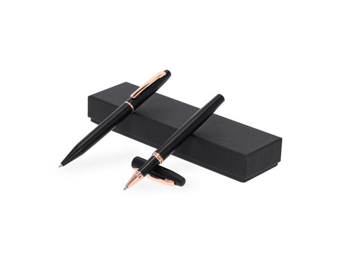 Kugelschreiber und Rollerball aus recyceltem Aluminium, im eleganten matten Schwarzdesign mit edlen Fittings in Rosa-Gold - Mobex Personalisiert