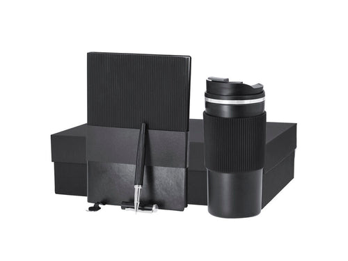 Elegantes Premium-Set bestehend aus: 470 ml fassender, doppelwandiger Thermobecher aus Edelstahl in elegantem Schwarz - Mirka Personalisiert