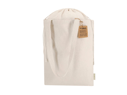 Tasche überwiegend aus 260 g/m2 recycelter Baumwolle mit Oberkordelverschluss, hergestellt aus Netzgewebe - Flerix Personalisiert