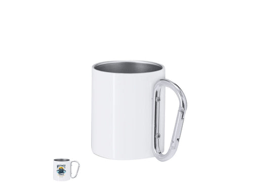 Edeltasse aus Edelstahl mit 220 ml, mit glänzend weißem metallischen Finish und einem funktionalen Henkel in Form eines Karabiners, der eine einfache Handhabung ermöglicht - Beesbur Personalisiert