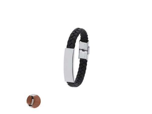 Schwarzes Kunstlederarmband mit einer Plakette aus poliertem Edelstahl in flachem Design - Mubark Personalisiert