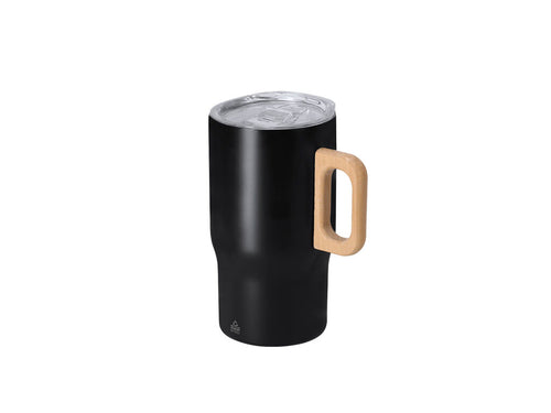 Thermobecher aus recyceltem Edelstahl mit doppeltem Wandvolumen, 400 ml Kapazität und einem starren Holzgriff für mehr Komfort - Zaran Personalisiert