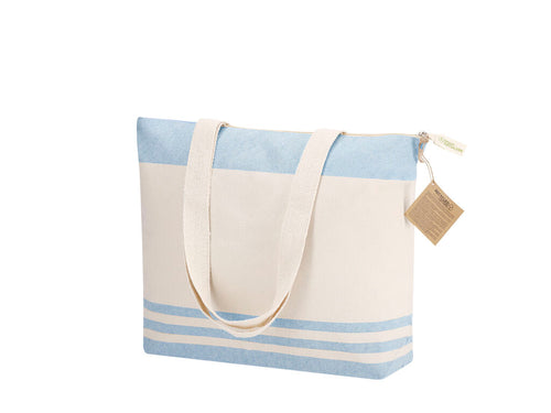 Tasche besteht hauptsächlich aus 300 g/m² recycelter Baumwolle in einem eleganten Naturton mit horizontal gestreiftem Farbmuster - Tanor Personalisiert