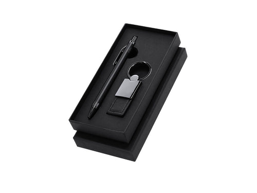 Elegantes Premium-Set, das enthält: recycelten Aluminiumstift mit mattschwarzer Oberfläche, Druckknopfmechanismus und blauer Tinte - Tobyan Personalisiert