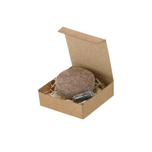 Pflanzbare Packung mit Saatgutkapsel und Substrattablette, präsentiert in einem recycelten Kartonbehälter mit Pflanzanweisungen - Aquael Personalisiert