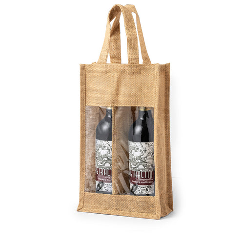 Robuster, laminierter Jutebeutel mit individuellem Fach für 2 x 750 ml Weinflaschen - Koop Personalisiert