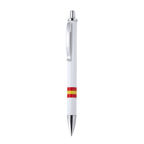 Druck-Kugelschreiber mit elegantem, zweifarbigem Design und Kontrastelementen in glänzendem Silber sowie Körper in glänzendem Weiß mit der spanischen Nationalflagge - Horten Personalisiert