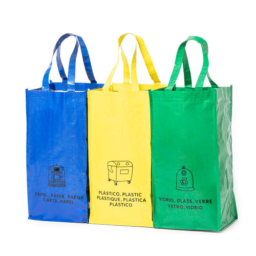 Set aus 3 Recycling-Beuteln aus robustem, laminiertem PP-Gewebe (125 g/m2) mit glänzender Oberfläche in gelb, grün und blau - Lopack Personalisiert