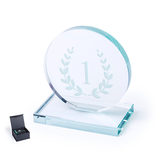 Trophäe aus dickem Glas mit elegantem, rundem Design und quadratischem Standbein - Owen Personalisiert