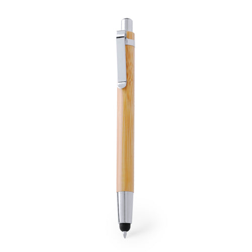 Eleganter Druck-Kugelschreiber mit Stylus und Schaft aus natürlichem Bambusholz mit Kontrastdetails in glänzendem Silber-Metallic - Sirim Personalisiert