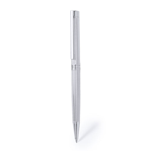 Eleganter Dreh-Kugelschreiber mit schlichtem Design und rutschfestem Metallschaft in glänzendem Silber mit farblich passendem Clip - Yodel Personalisiert