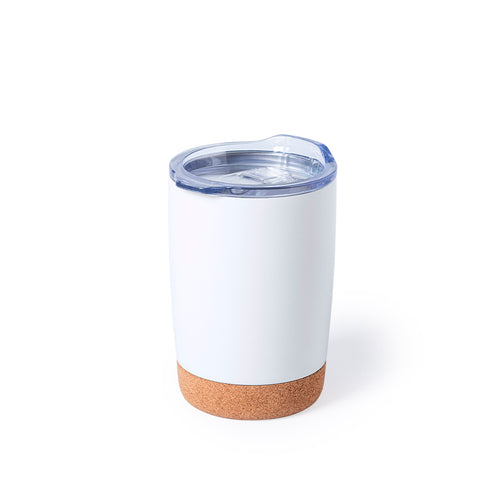 Thermobecher aus einer Kombination von Naturkorkboden und Edelstahlkörper mit weißem Finish, 380 ml Fassungsvermögen - Nerux Personalisiert