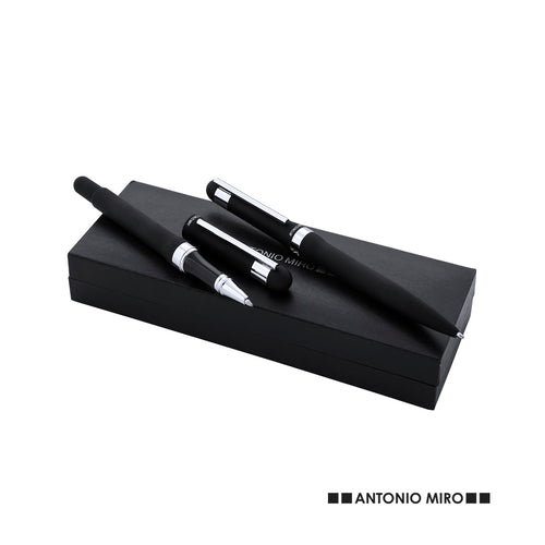 Elegantes Set von Antonio Miró aus Dreh-Kugelschreiber und Tintenroller mit originellem Ring und schlichtem Design - Nilka Personalisiert