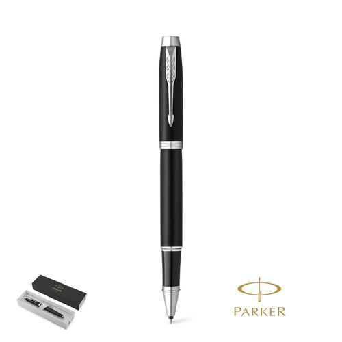 Parker IM Essential Tintenroller mit mattschwarz lackiertem Metallschaft und -kappe und verchromter Zierleiste Personalisiert