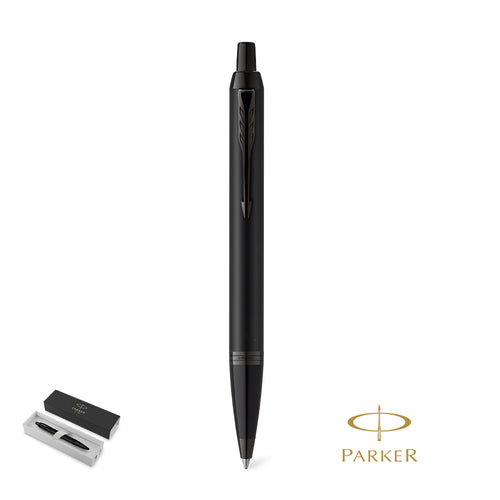 Parker IM Achromatic Kugelschreiber, aus mattschwarz lackiertem Edelstahl, mit Druckknopfmechanik und blauschreibender Tinte Personalisiert