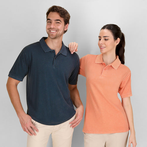 Unisex-Poloshirt mit kurzen Ärmeln und Jeans-Wasch-Effekt, der jedes Stück einzigartig und unwiederholbar macht - Ken Personalisiert